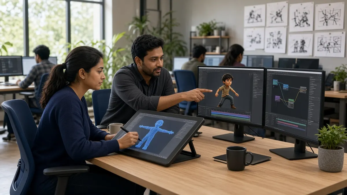 3D animators in India collaborating on character animation