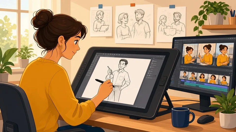Dedicated 2D animator illustrating a character at a drawing tablet